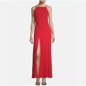 Fame and Partners Leo Dress Gown Halter High Neck Open Back Front Slits Red 2